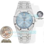 OMF Luxury Clone New Audemars Piguet Royal Oak Ultra-Thin Light Blue Dial Iced Out Watch 